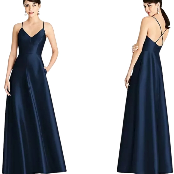 NWT Alfred Sung V-Neck Full Skirt Satin Maxi Dress Midnight Navy Blue Size 0 - Picture 1 of 13
